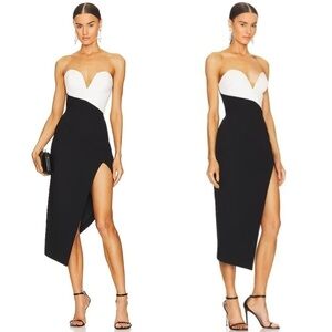 AMANDA UPRICHARD SOIREE BLACK WHITE STRAPLESS ASYMMETRIC HEM COCKTAIL DRESS